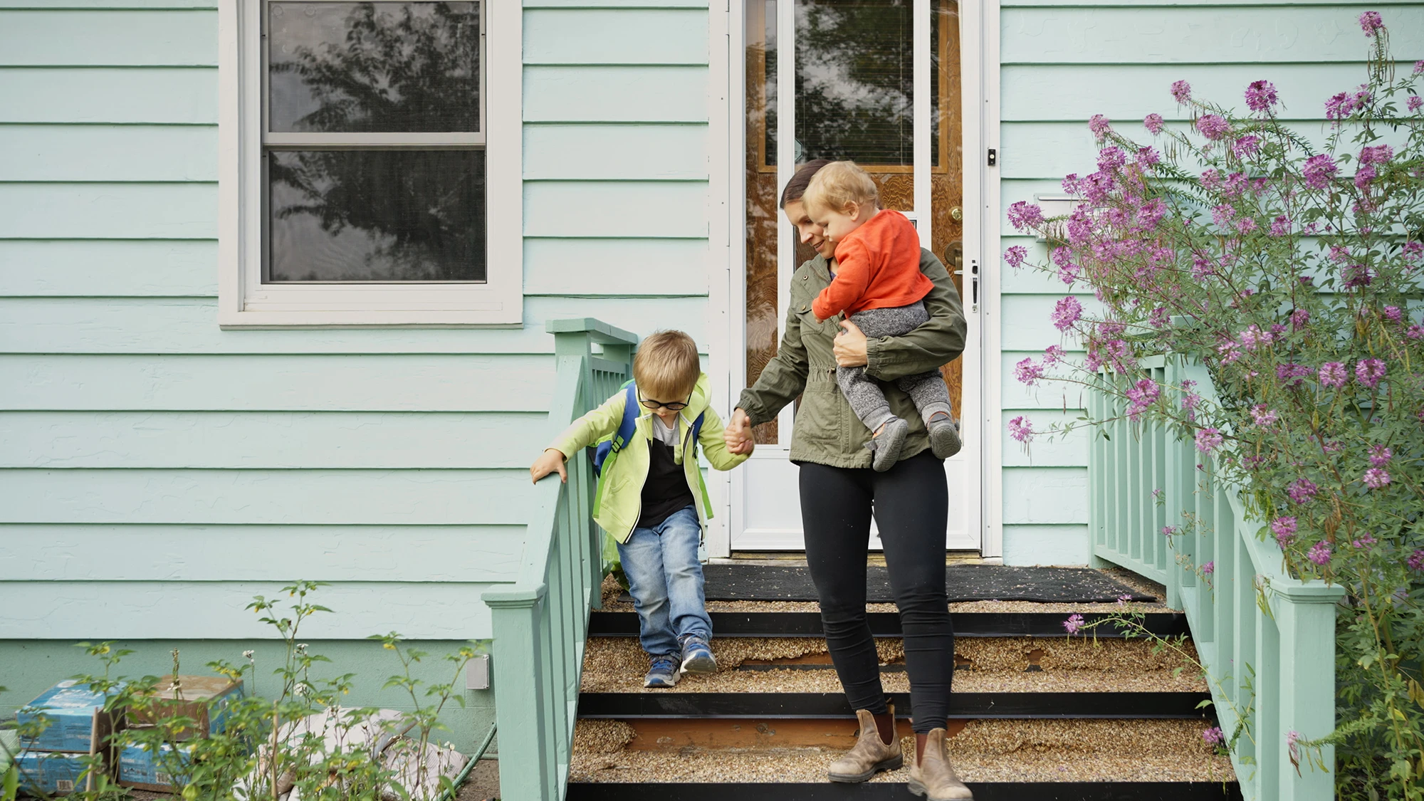 Mom and kids leaving the house