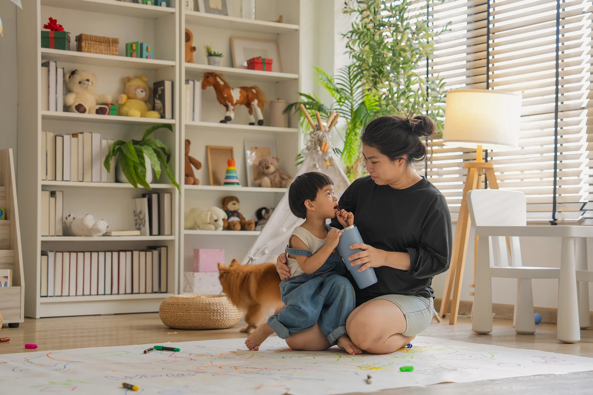 Mother and son playing in the living room